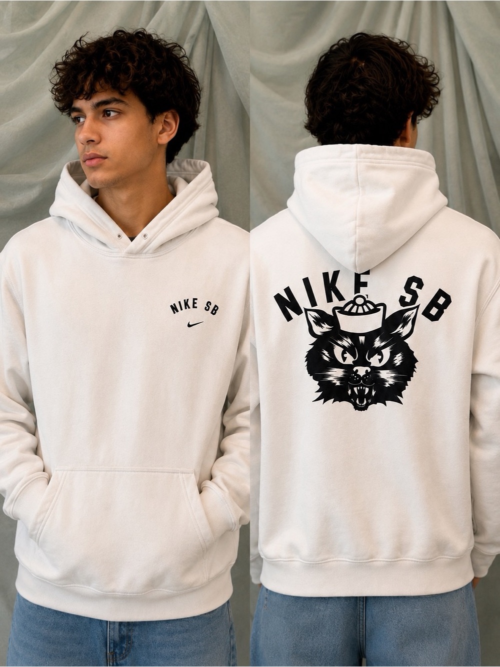 Nike White Hoodie with Black Saber Cat Graphic - Nike SB